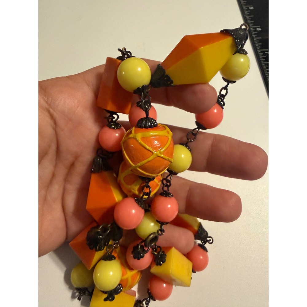 Vintage Multi Shape Resin Bead Necklace Orange Yellow Coral Geometric 20 Inch